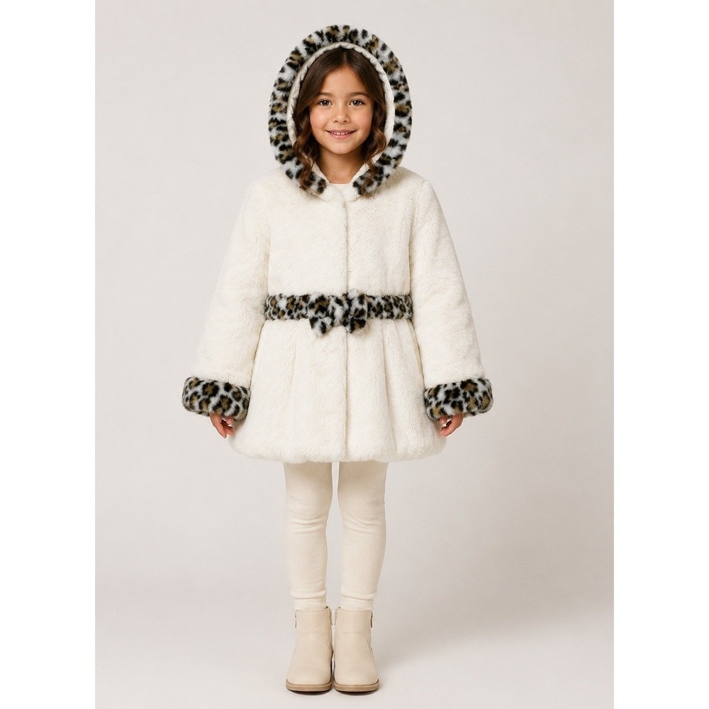 Rothschild Pea Coat Toddler Girl 24 Mo White Faux Fur Animal Print Trim Hood Bow